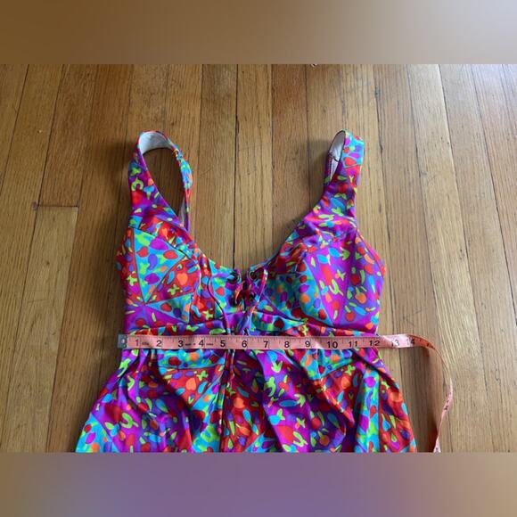 60s-70s Vintage Bullet Bra Psychedelic Print Maxi Dress w Corset Bust - Picture 3 of 4